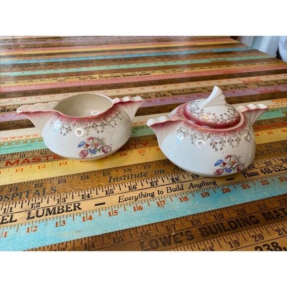 VINTAGE French Saxon China Gold Lace Floral Union Made Creamer Sugar Bowl Set - Picture 1 of 16